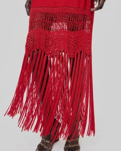 Robe dos nu avec franges en maille rouge