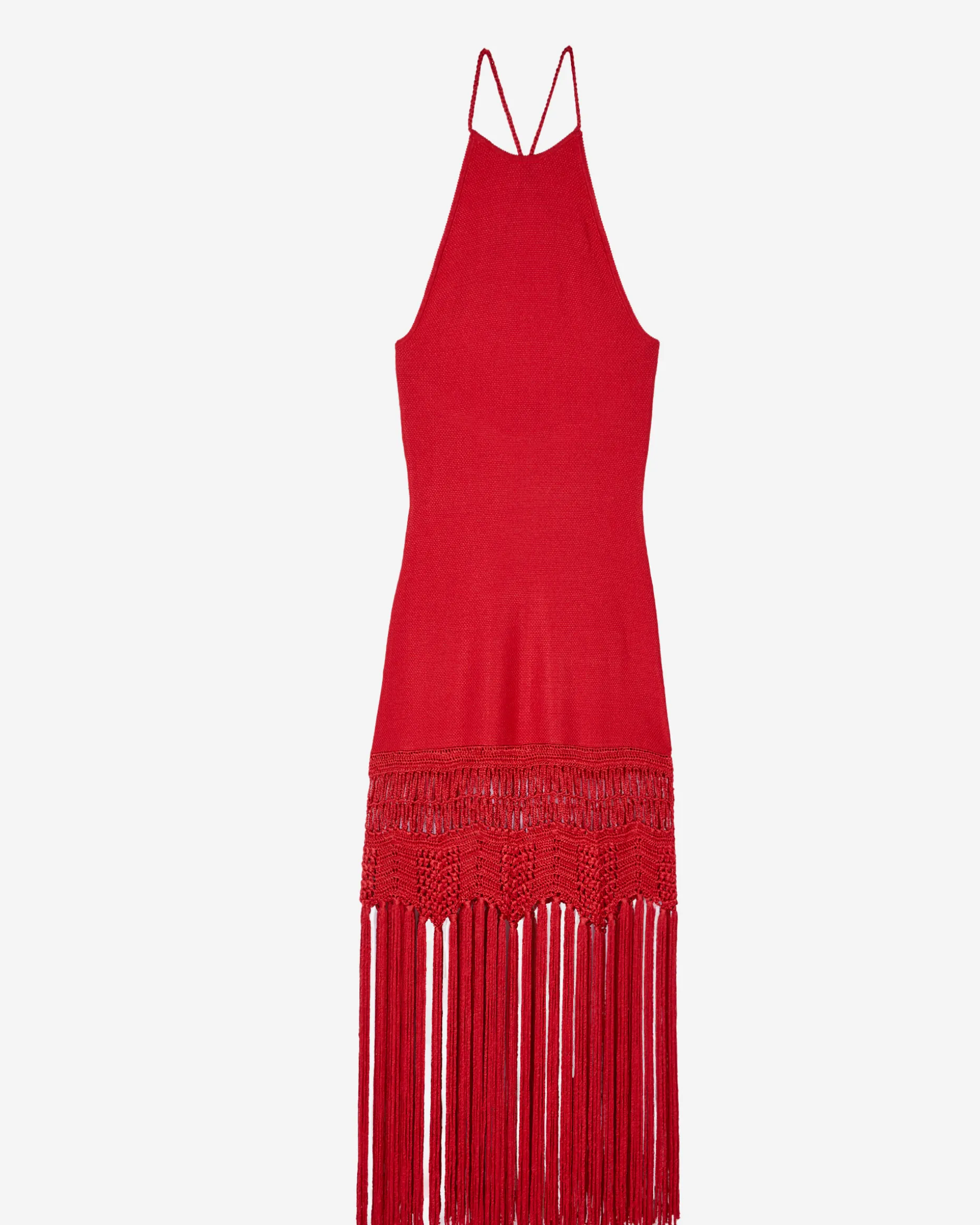 Robe dos nu avec franges en maille rouge