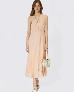 Robe longue asymétrique plissée pêche