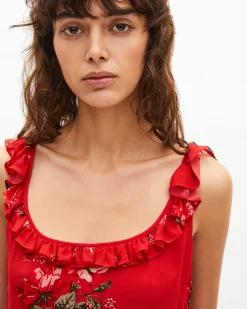 Robe longue avec volants imprimée fleurs rouge