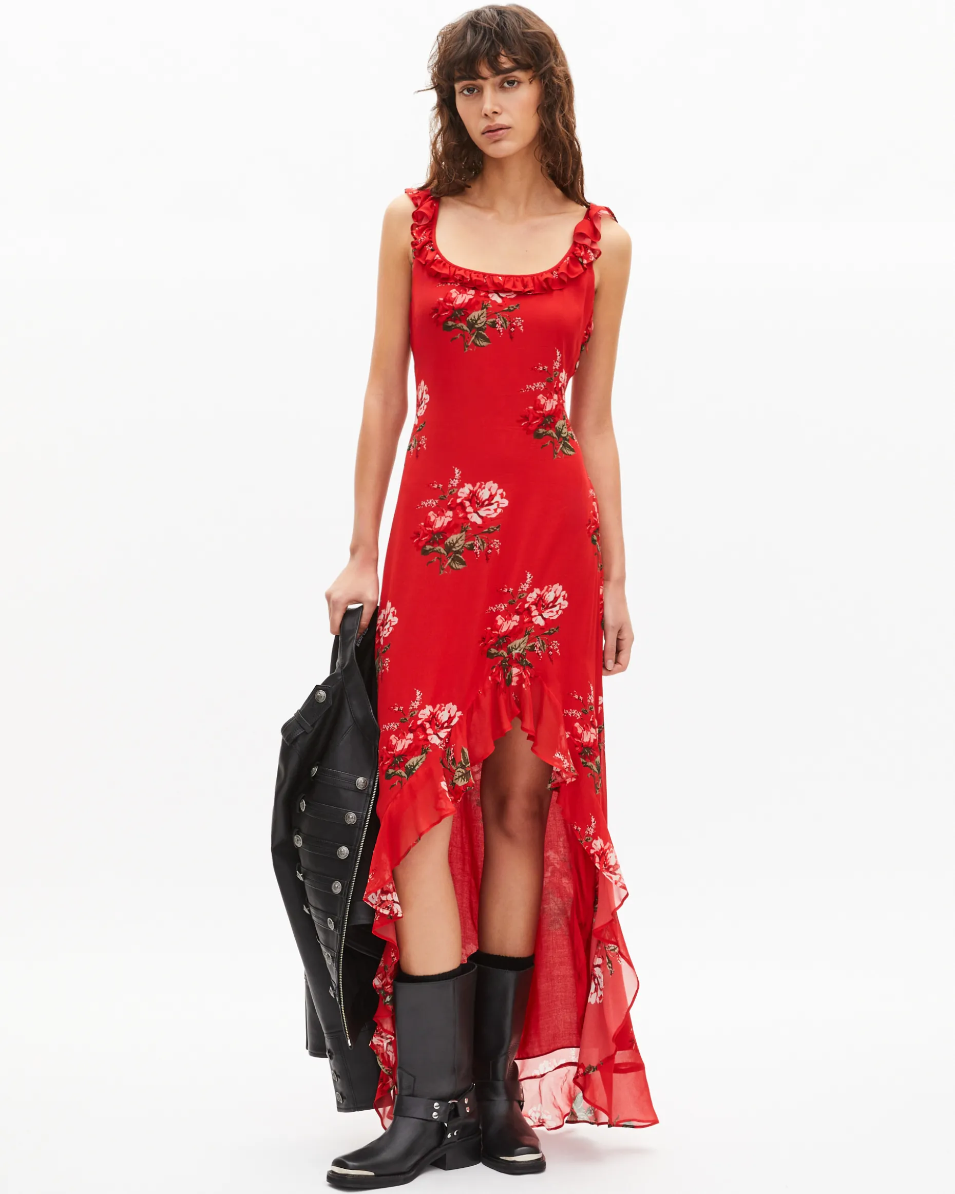 Robe longue avec volants imprimée fleurs rouge