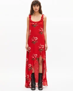 Robe longue avec volants imprimée fleurs rouge