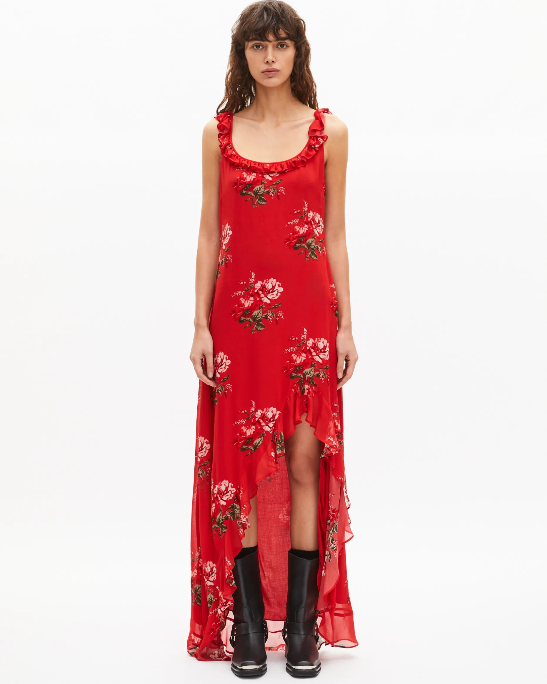 Robe longue avec volants imprimée fleurs rouge