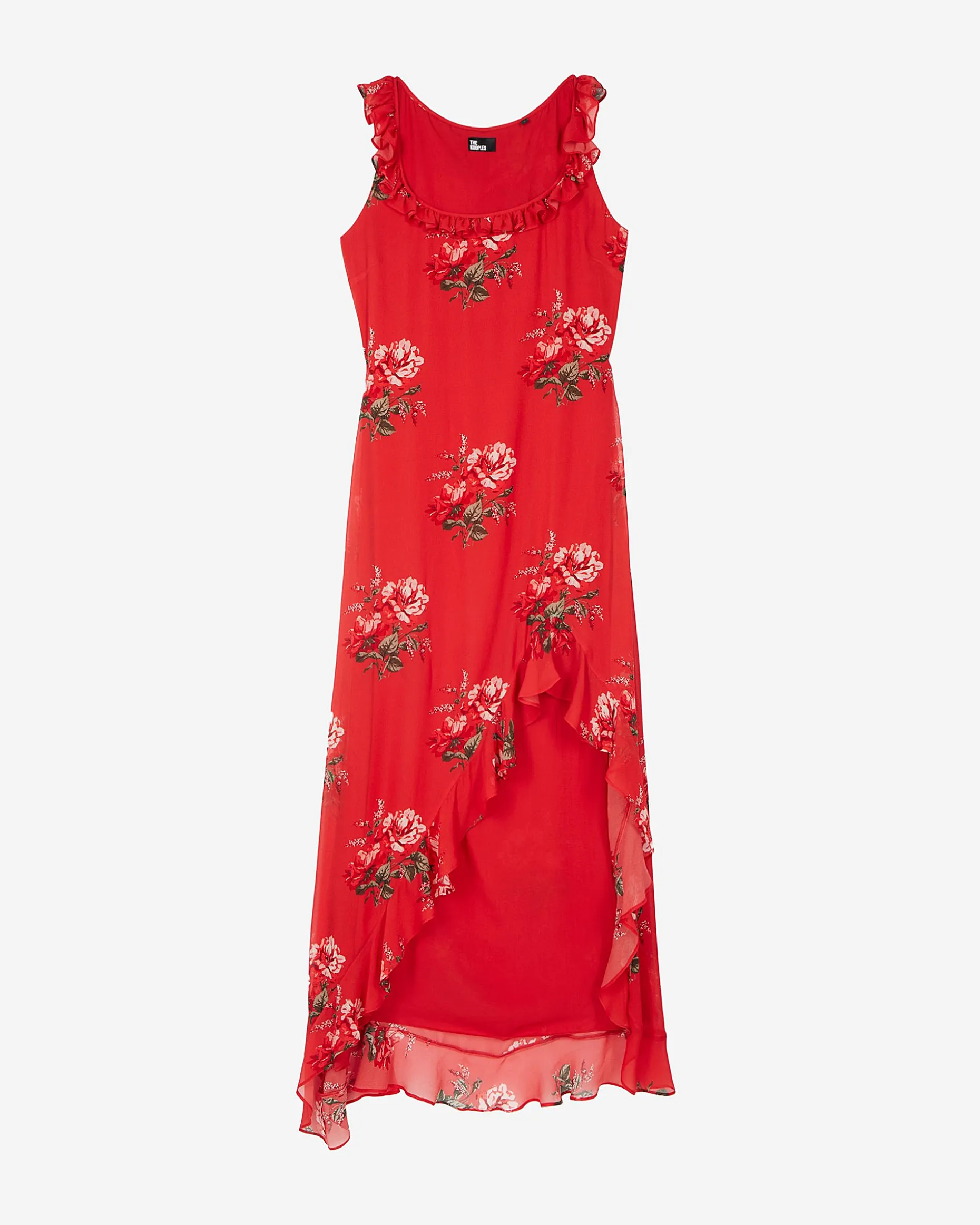 Robe longue avec volants imprimée fleurs rouge