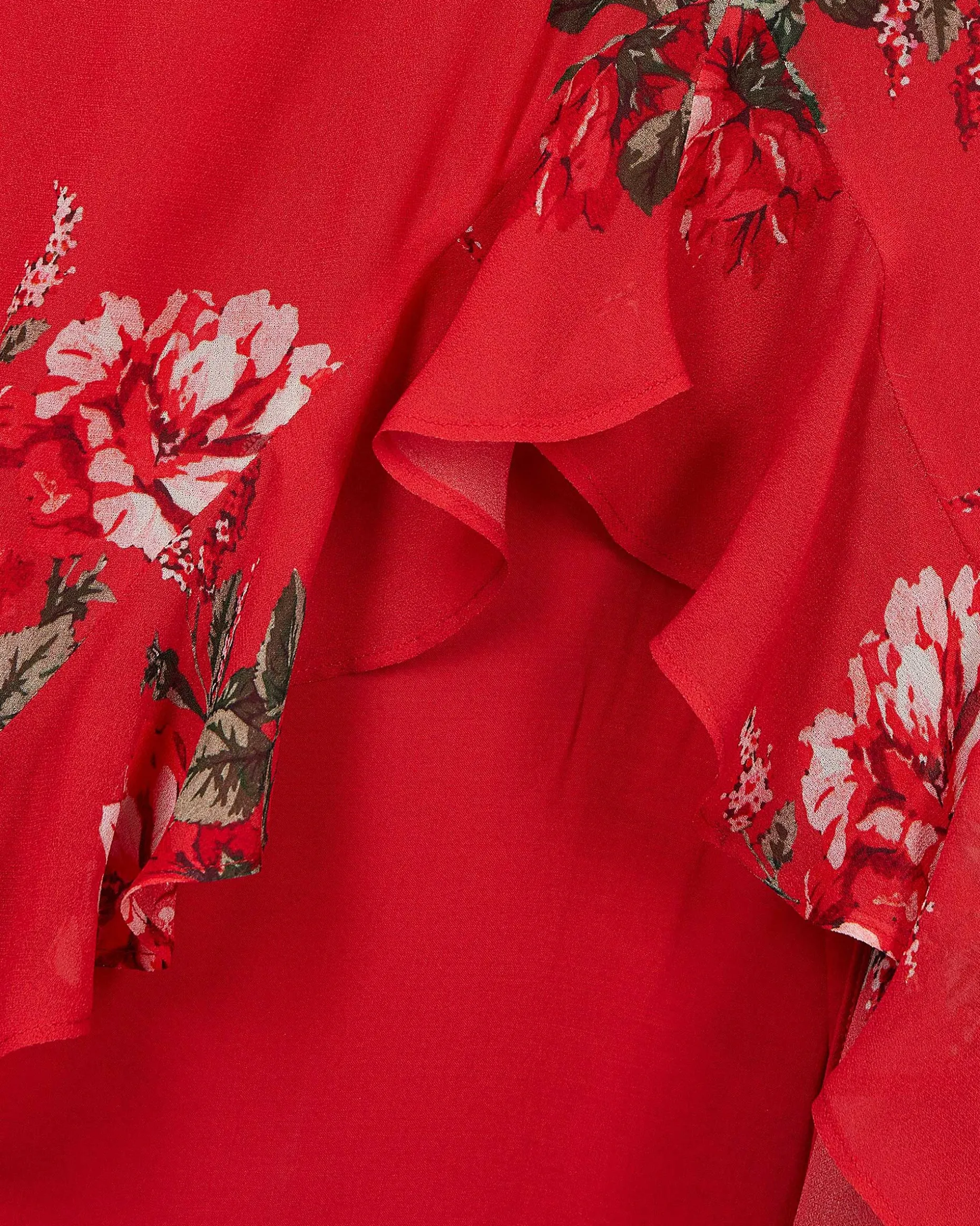 Robe longue avec volants imprimée fleurs rouge