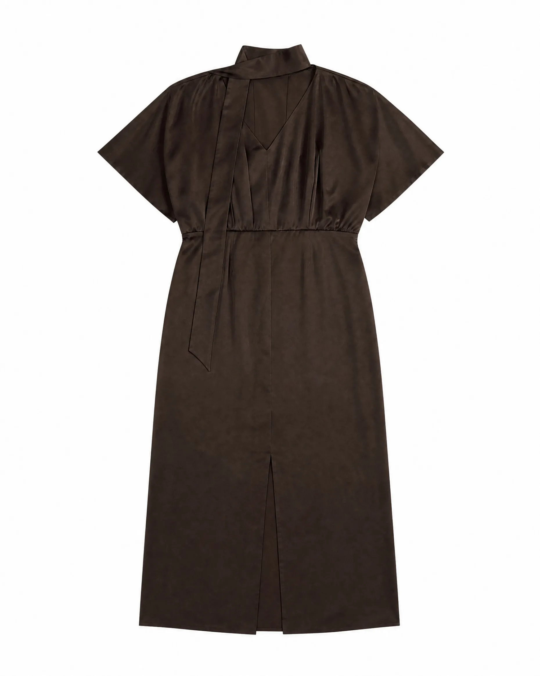 Robe longue col lavallière en satin marron
