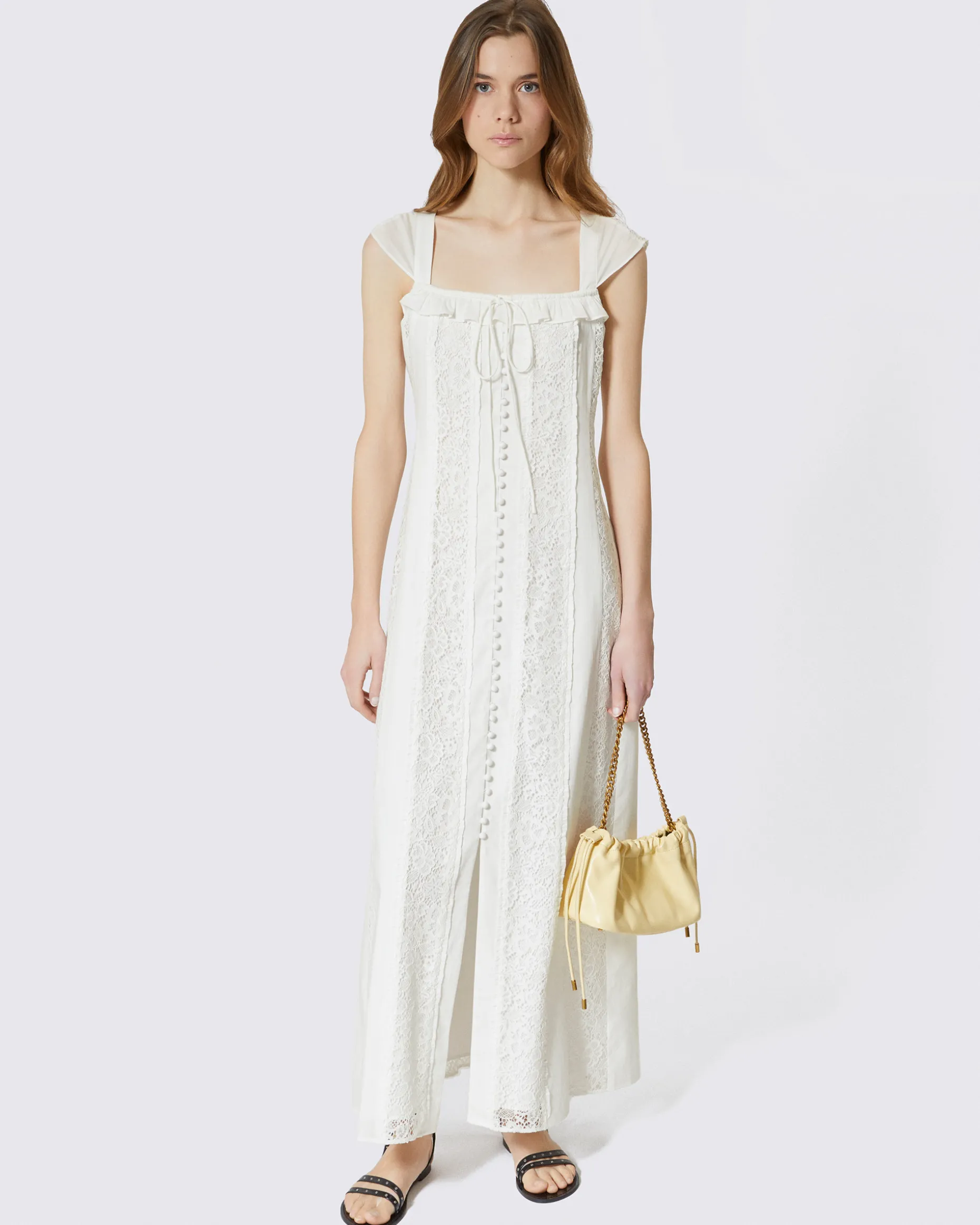 Robe longue en dentelle et coton écrue