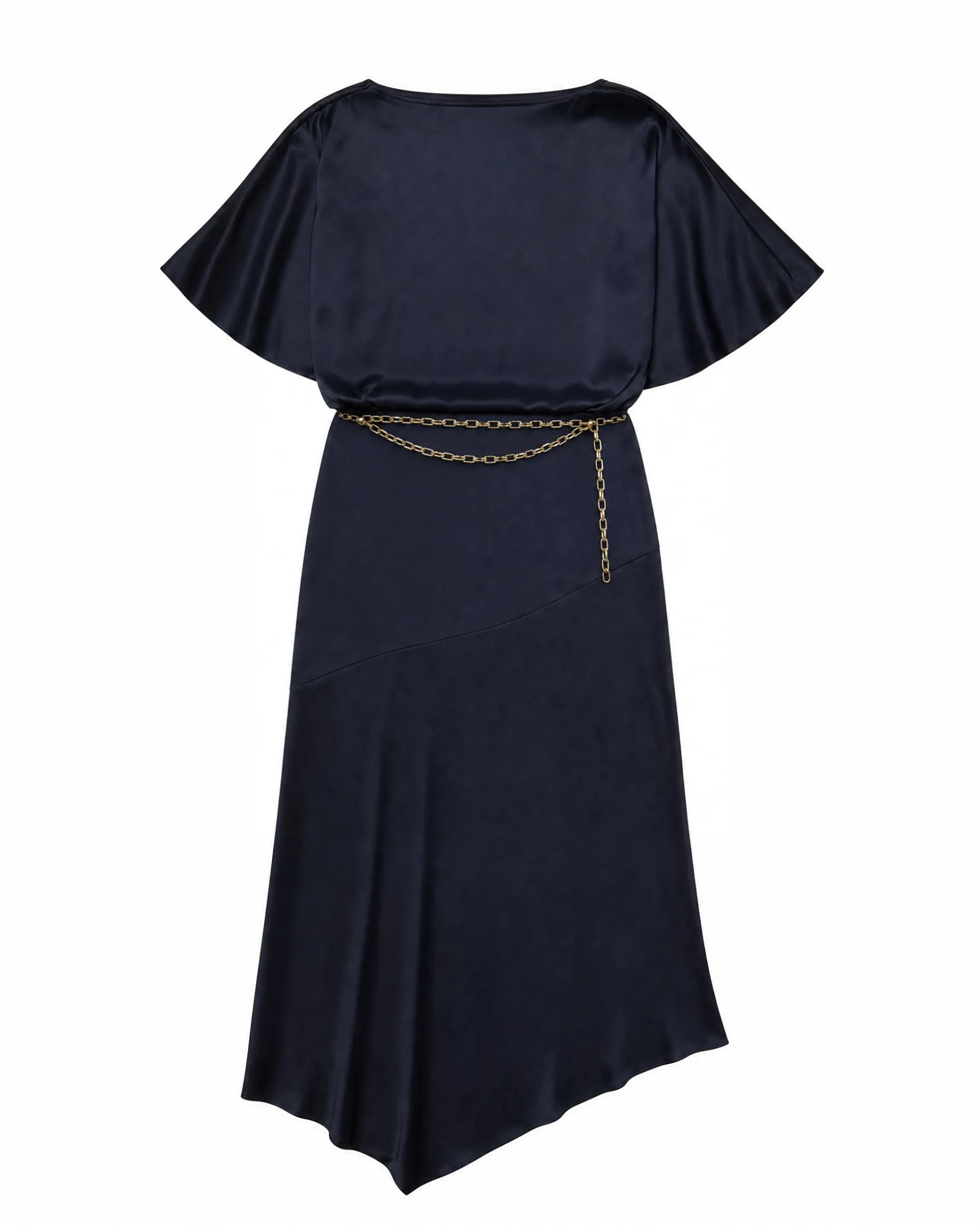 Robe longue en satin avec chaîne dorée marine
