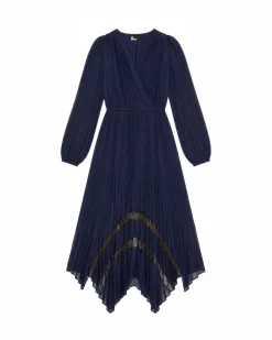 Robe longue plissée avec dentelle bleu marine