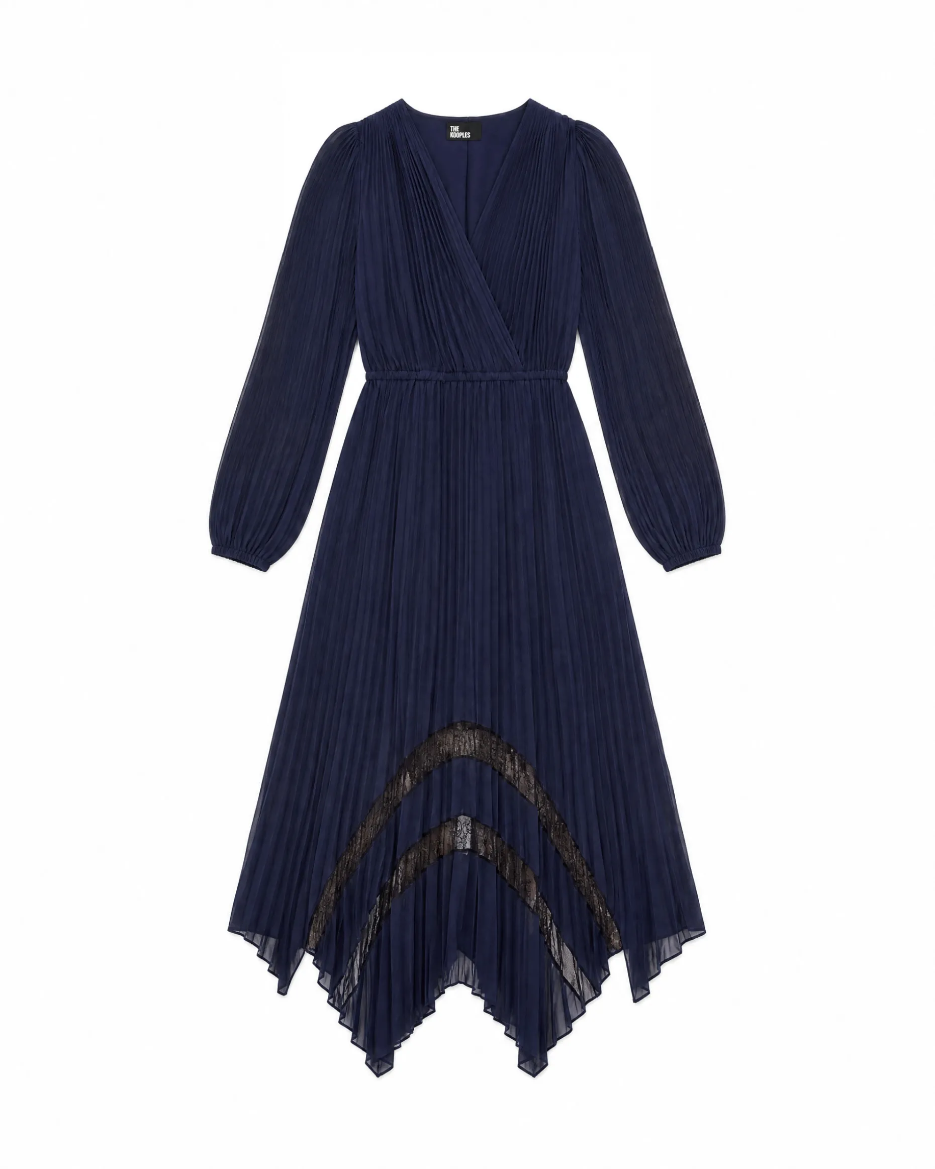 Robe longue plissée avec dentelle bleu marine