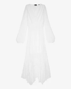 Robe longue plissée avec plumetis écrue