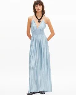 Robe longue plissée bleue