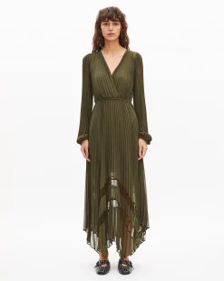Robe longue plissée kaki