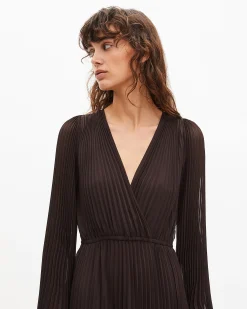 Robe longue plissée marron