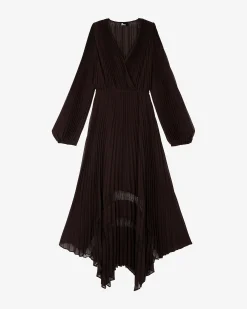 Robe longue plissée marron