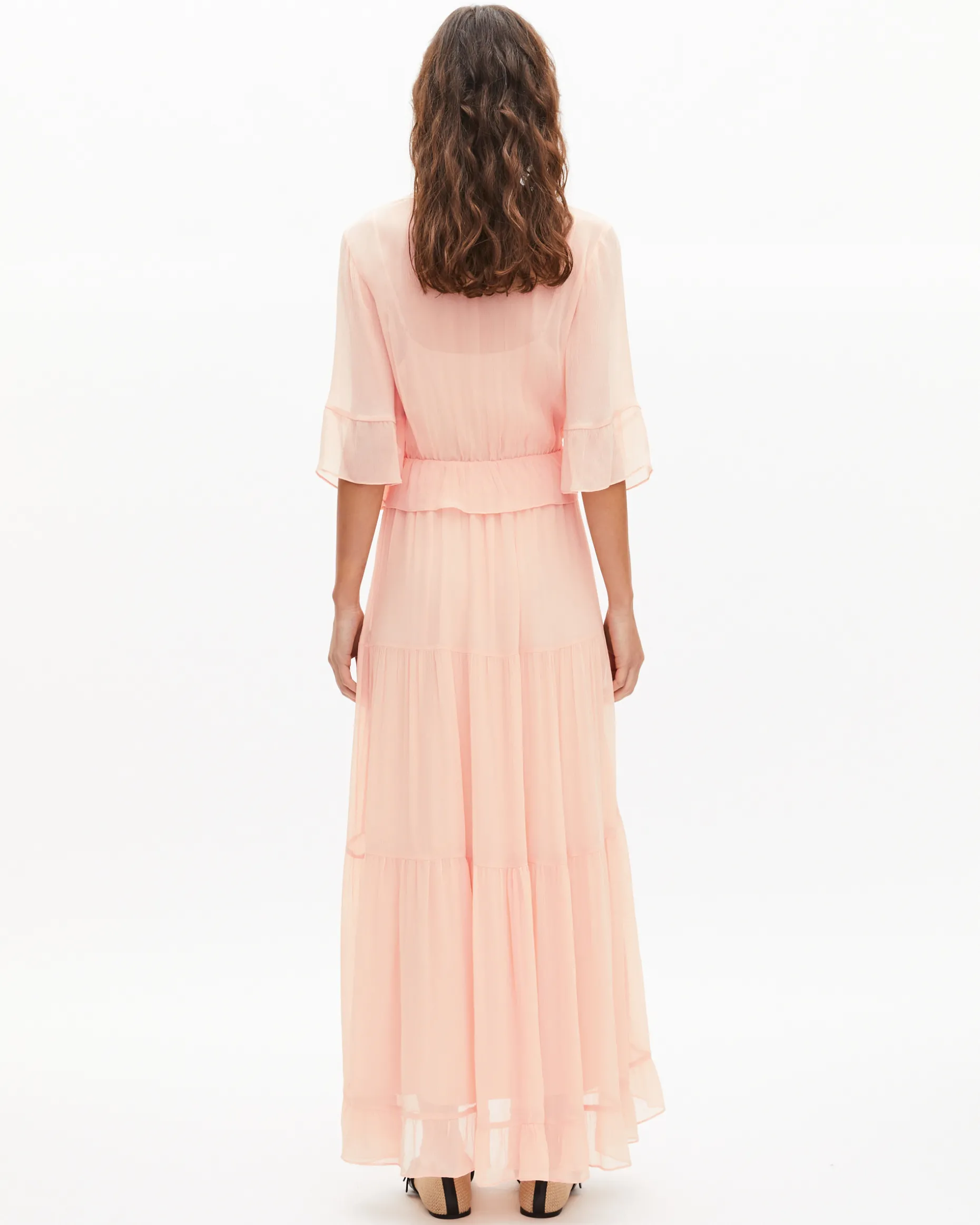 Robe longue volantée pêche