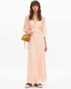 Robe longue volantée pêche