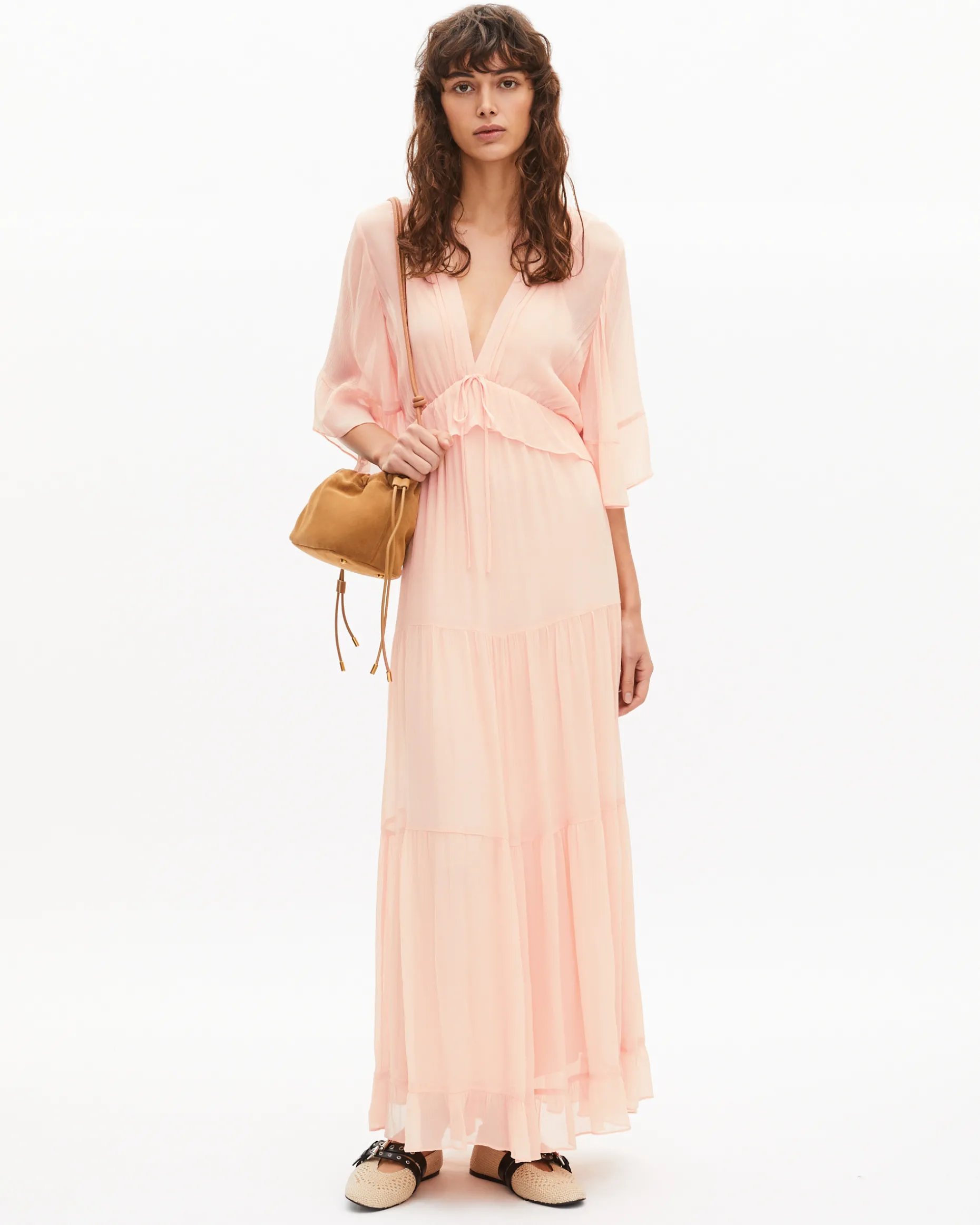 Robe longue volantée pêche