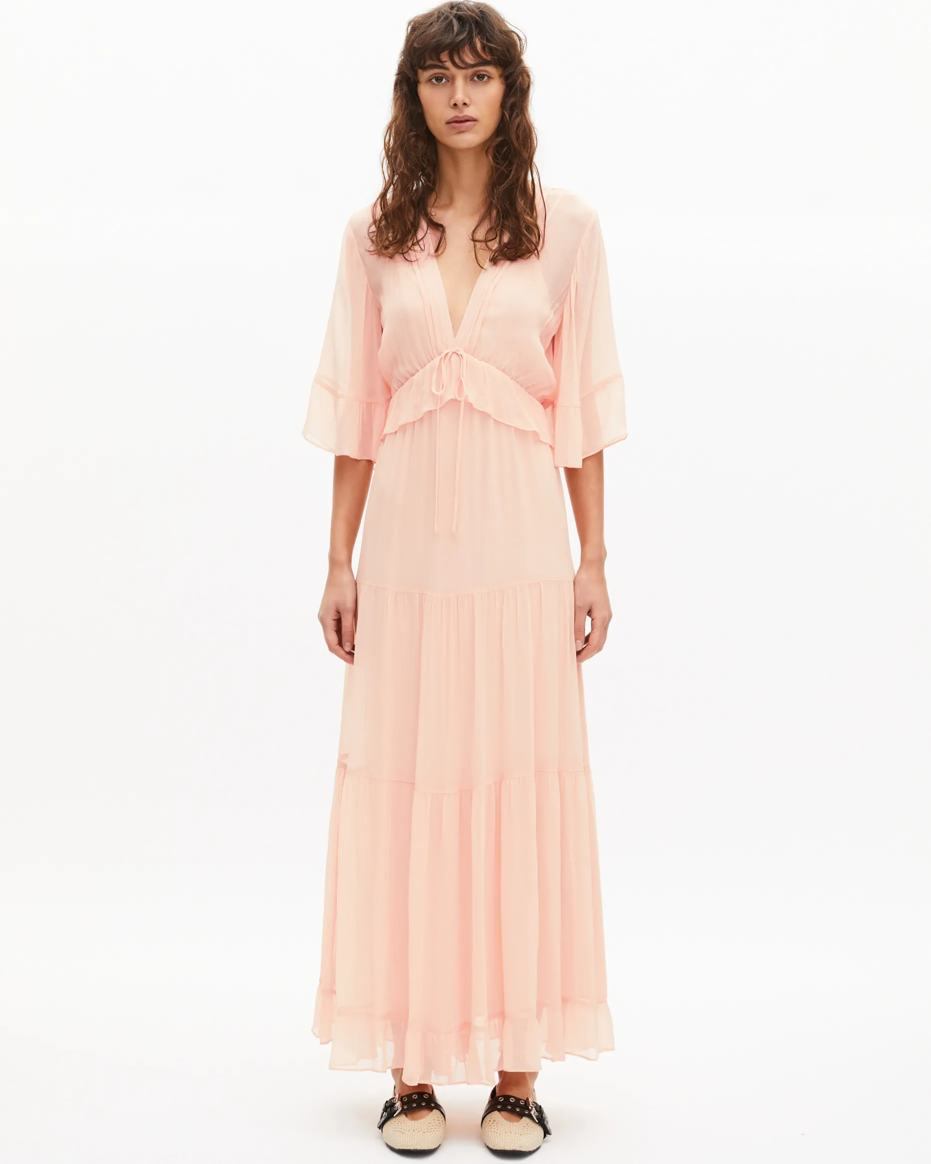 Robe longue volantée pêche