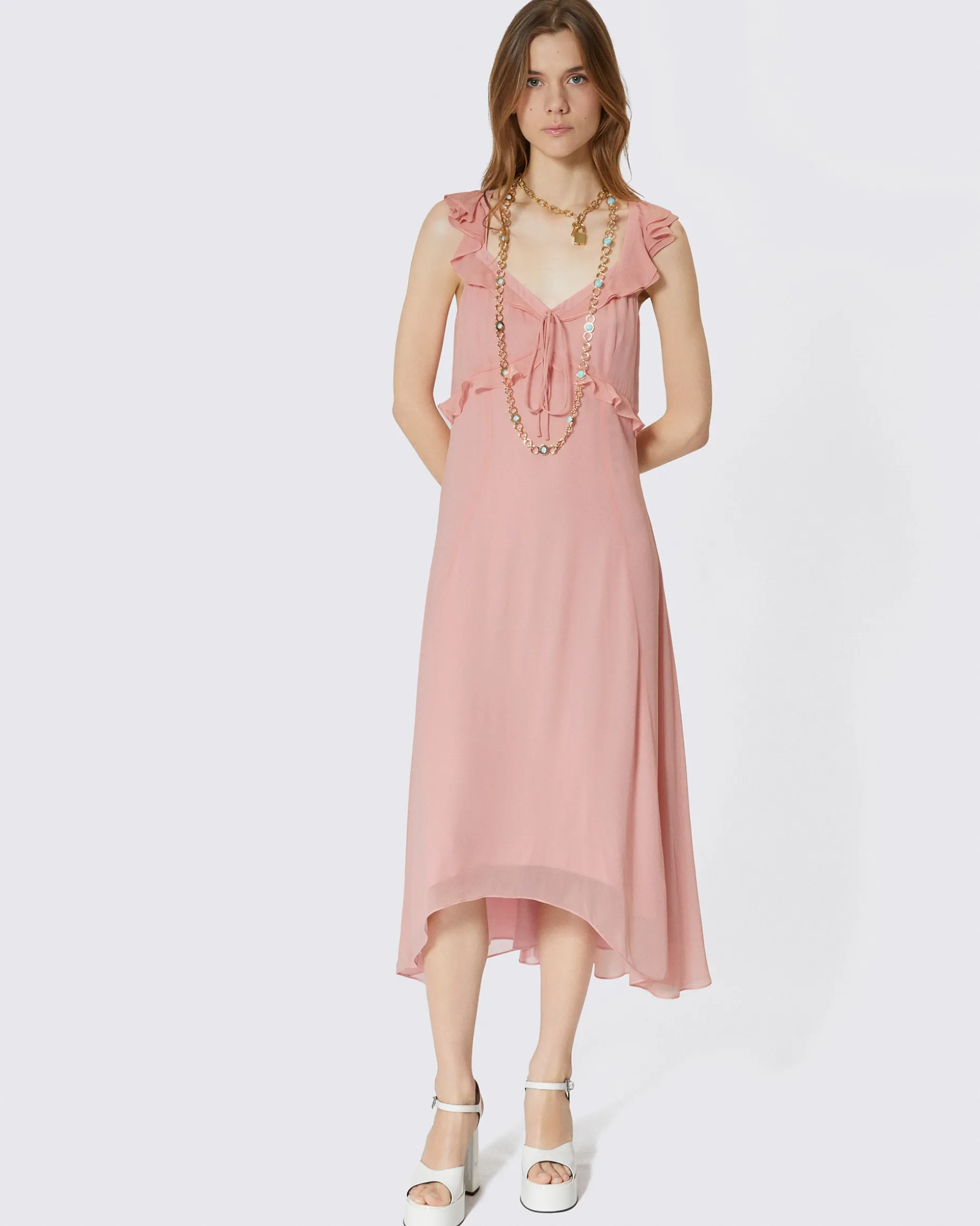 Robe longue volantée rose