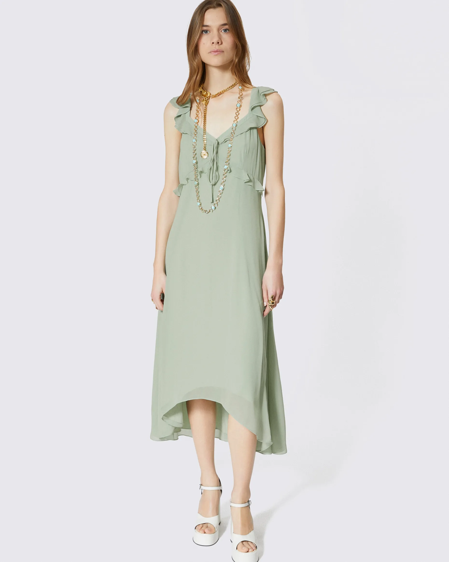 Robe longue volantée verte
