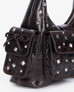 Sac Amelia clouté en cuir craquelé marron