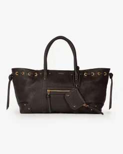 Sac cabas froncé en cuir grainé marron