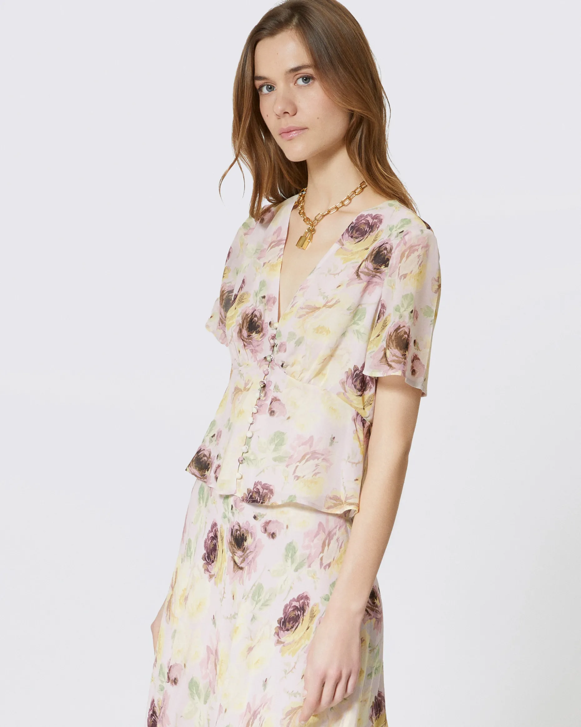 Top détails boutons imprimé fleuri
