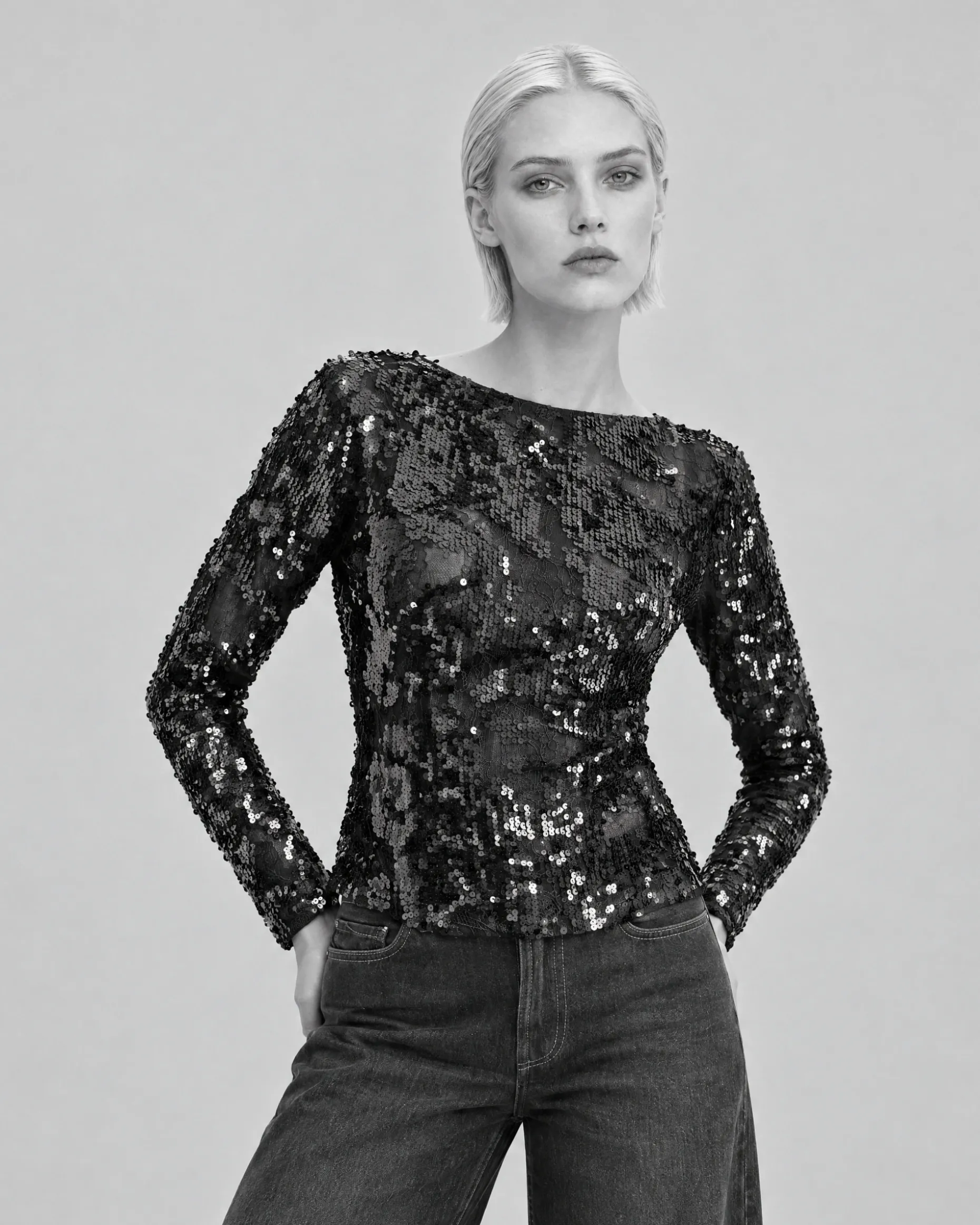 Top en dentelle et sequins noir
