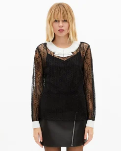 Top en dentelle plumetis avec strass noir