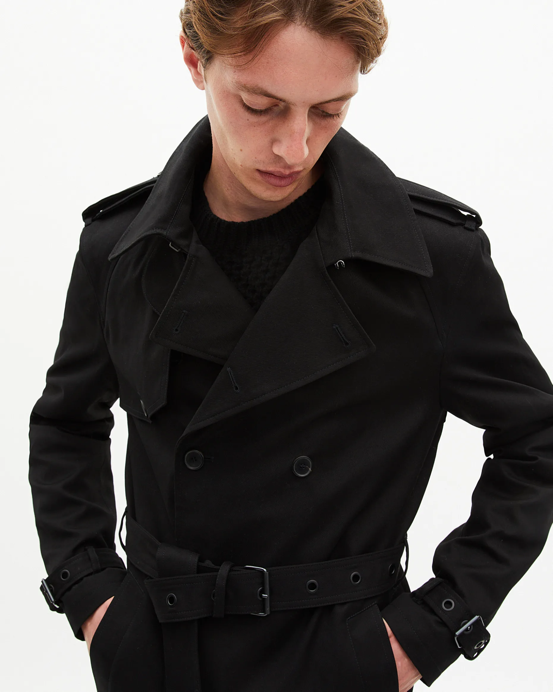 Trench coupe droite en coton noir