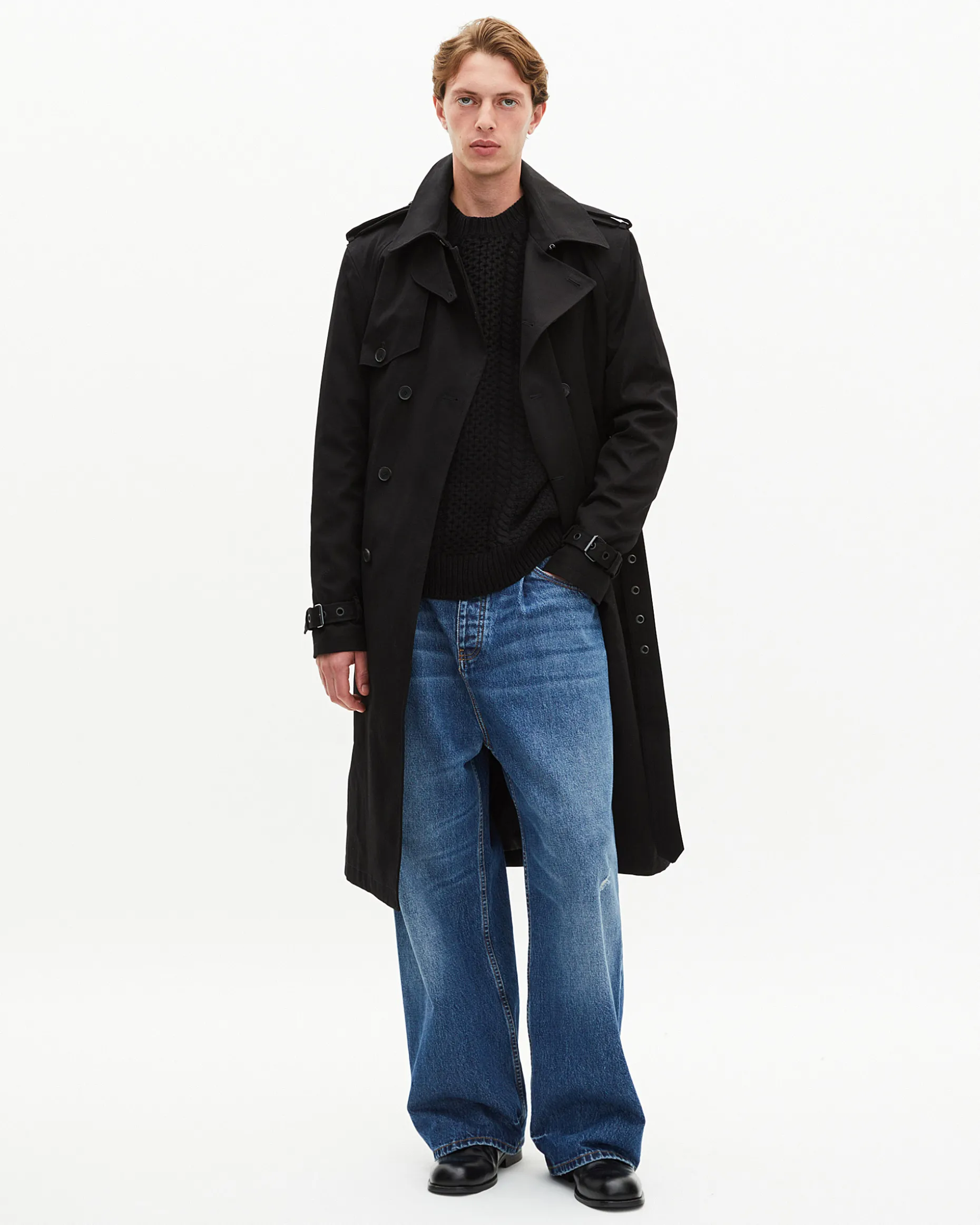 Trench coupe droite en coton noir