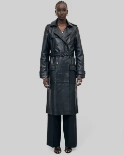 Trench long en cuir noir