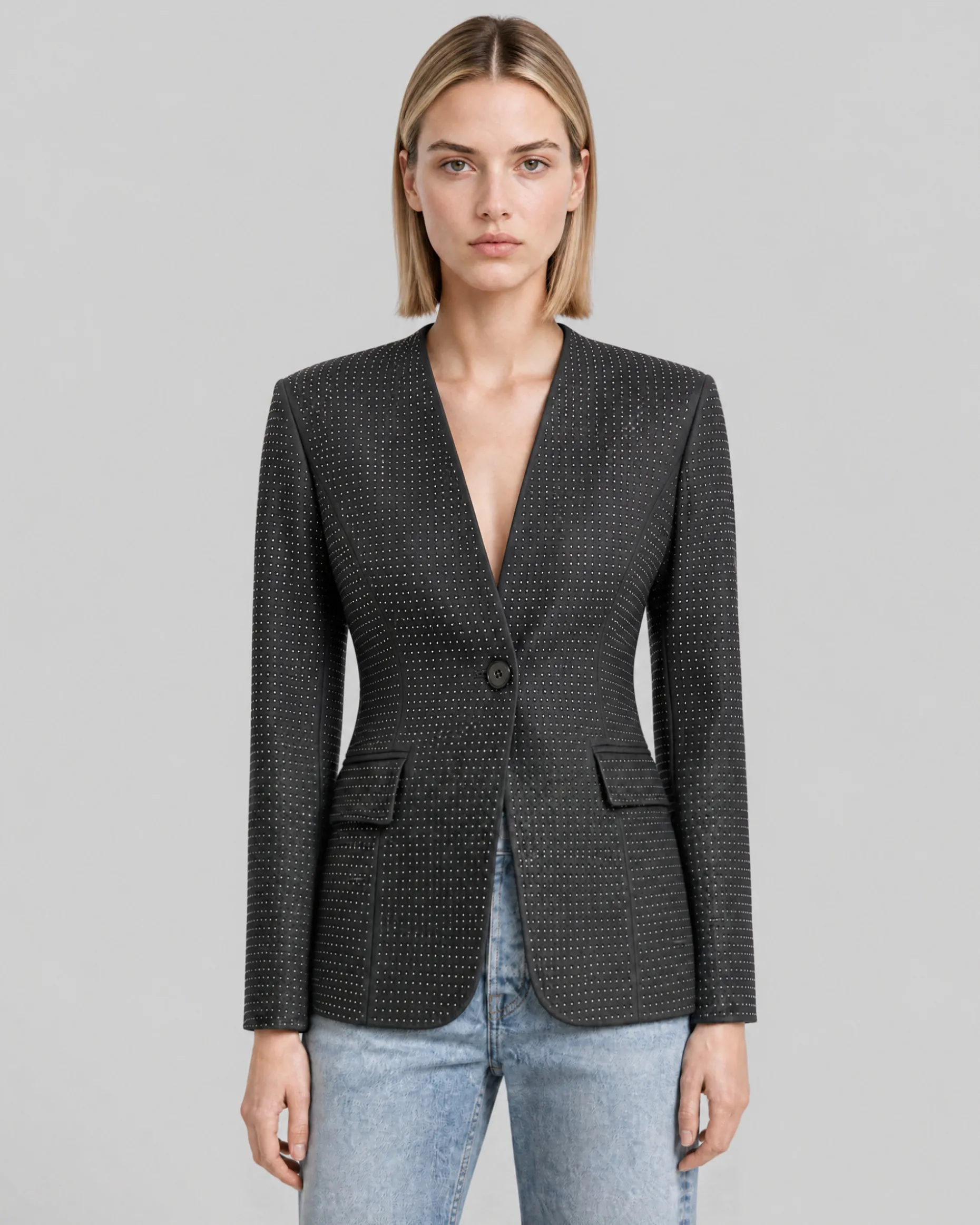 Veste ajustée en laine mélangée strassée noire