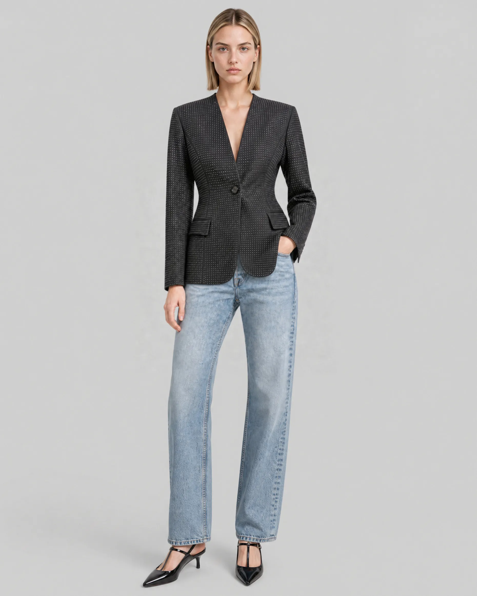 Veste ajustée en laine mélangée strassée noire