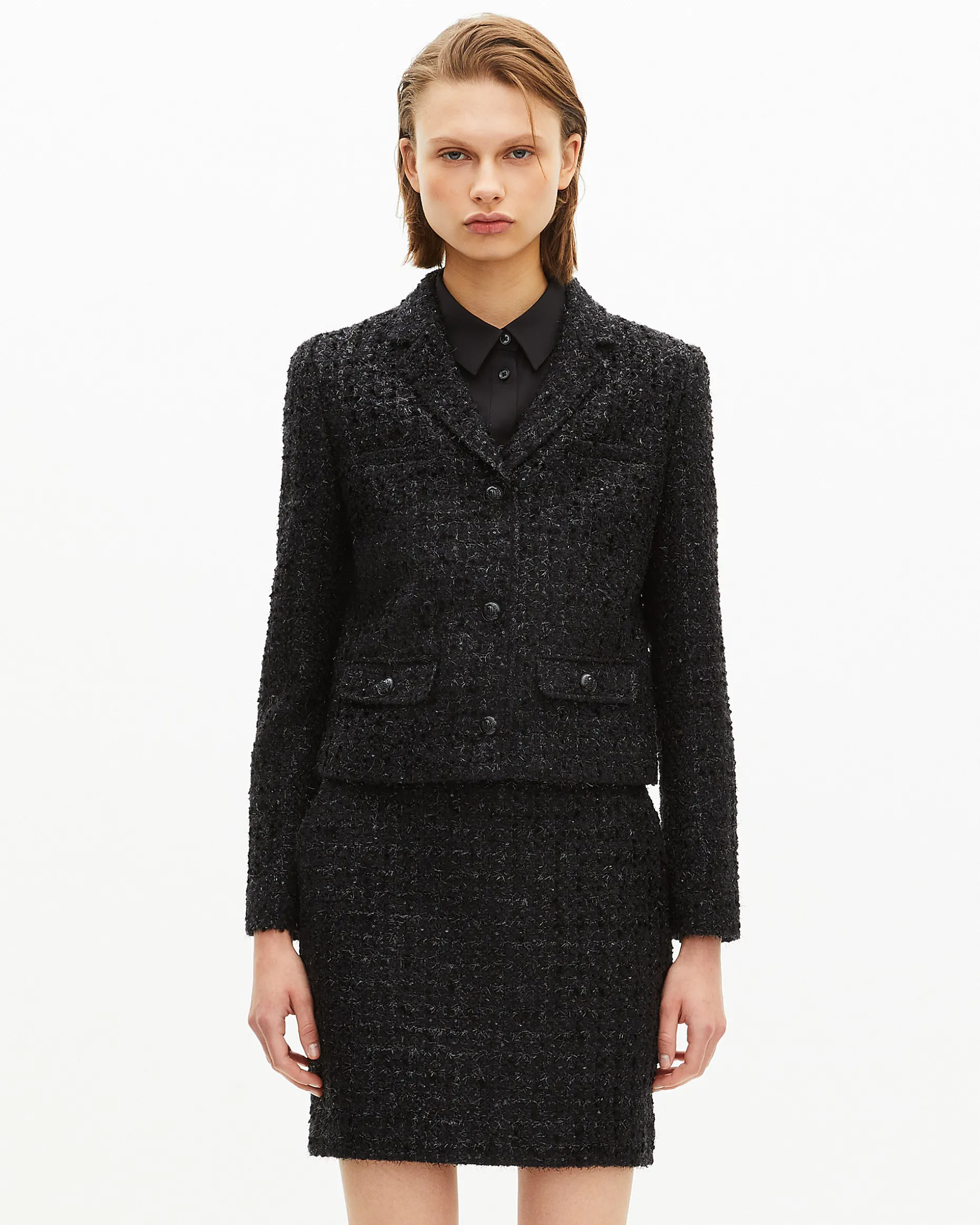 Veste courte en tweed brillant noire