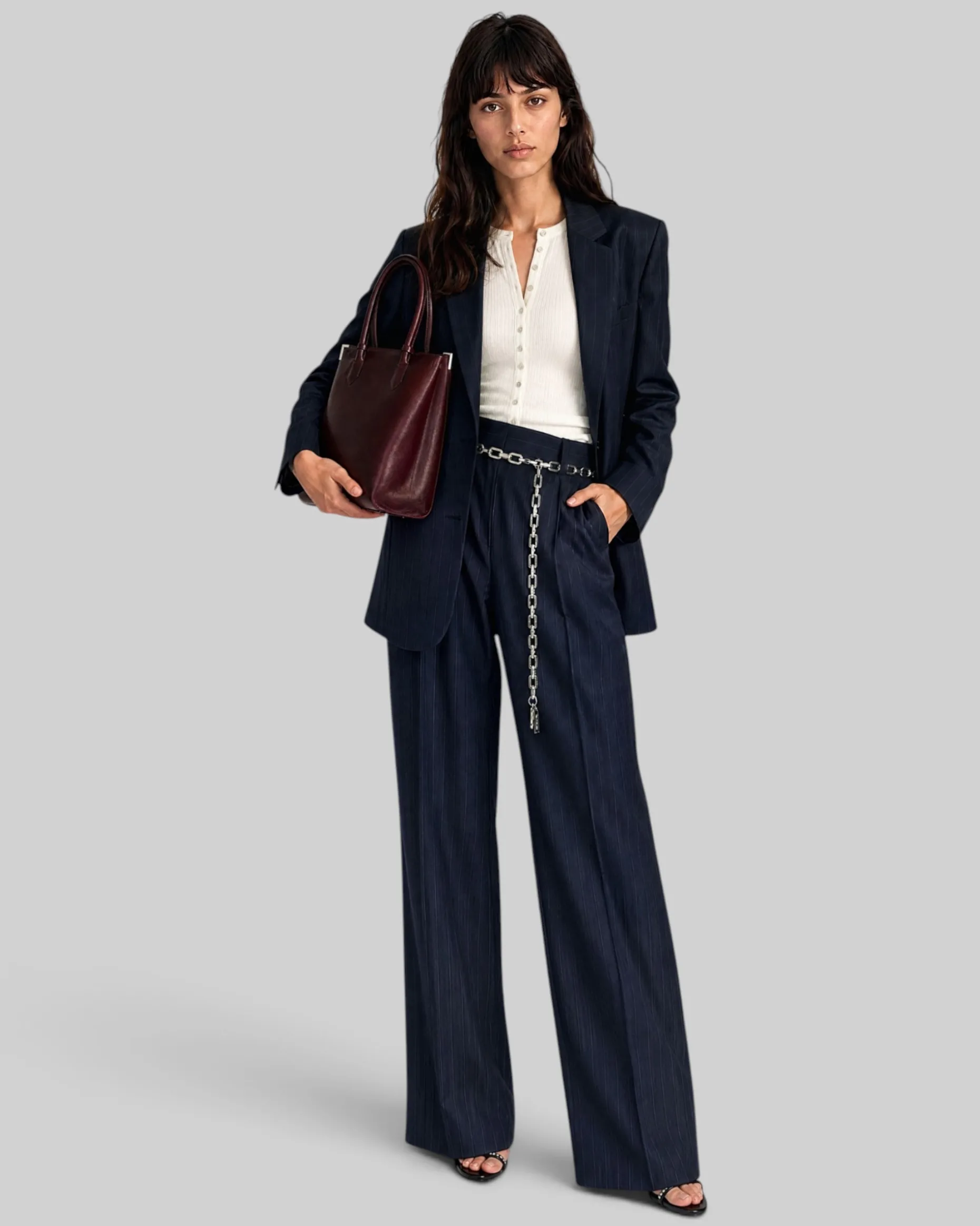 Veste de tailleur ample en laine motif fines rayures marine